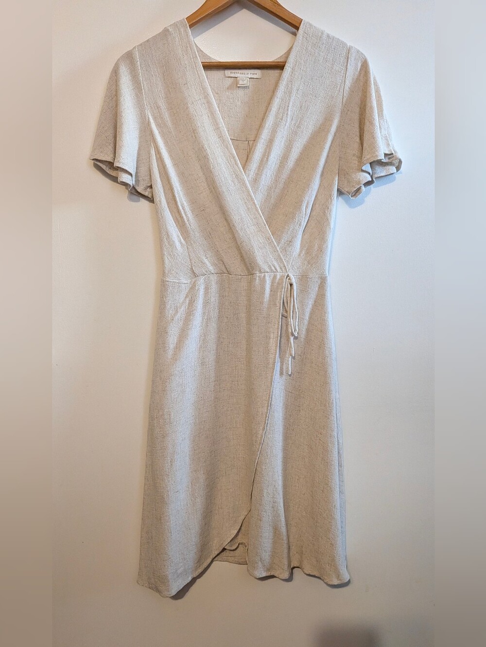 Monteau Cream Linen Blend Faux Wrap Dress Small Minimalist Resort Flutter Sleeve